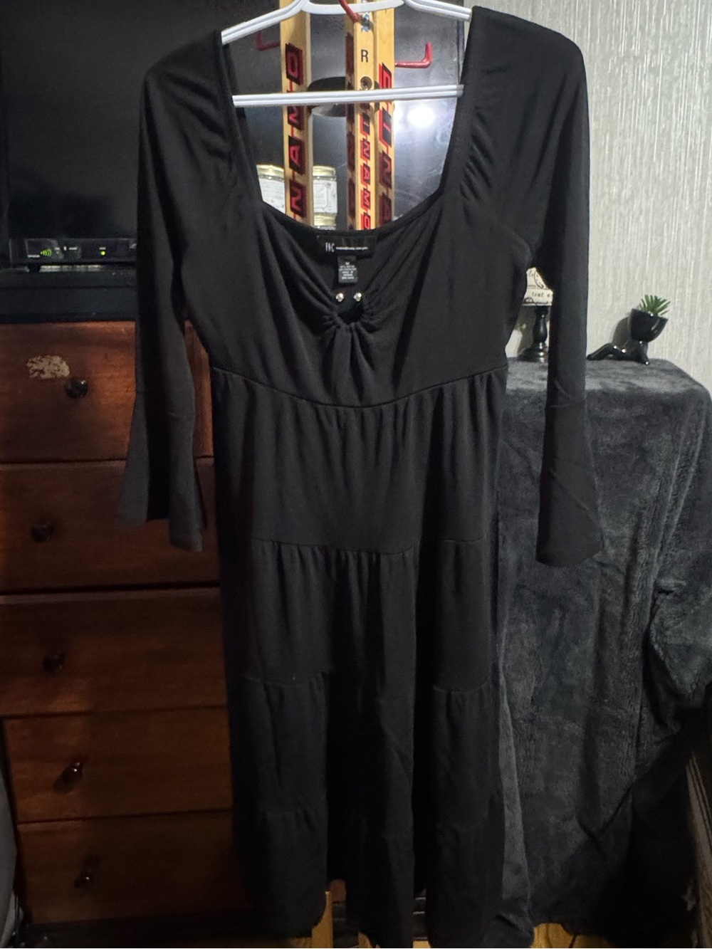 INC International Concepts Black Long Sleeve Scoop Neck Tiered Dress